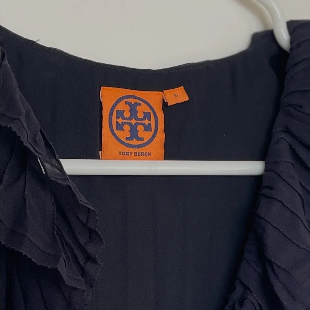 Tory Burch Silk Navy Blue Ruffle V-Neck Blouse w/ Buttons